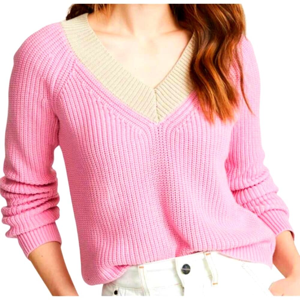 525 America Cotton Shaker Colorblock V Neck Woven Sweater Cotton Pink Tan Small